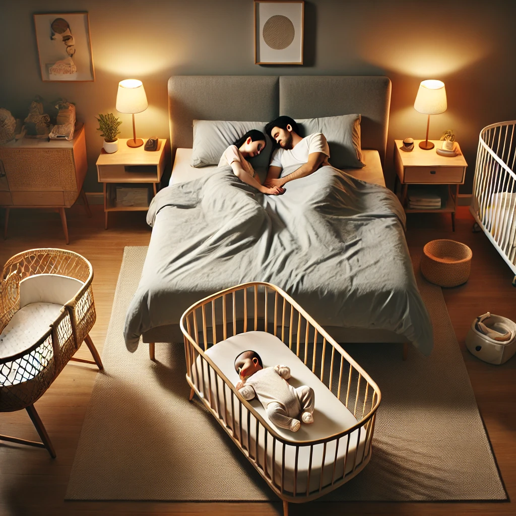 A cozy bedroom setting where a baby is sleeping safely in a bed-in-bed setup or a co-sleeper, placed beside the parents in a larger bed. Nearby, a portable bassinet or baby basket (Coo-han) is positioned, showing an alternative option for safely keeping the baby close. The baby is in a small, secure sleeping space, highlighting safe co-sleeping practices with soft lighting and a calming atmosphere.